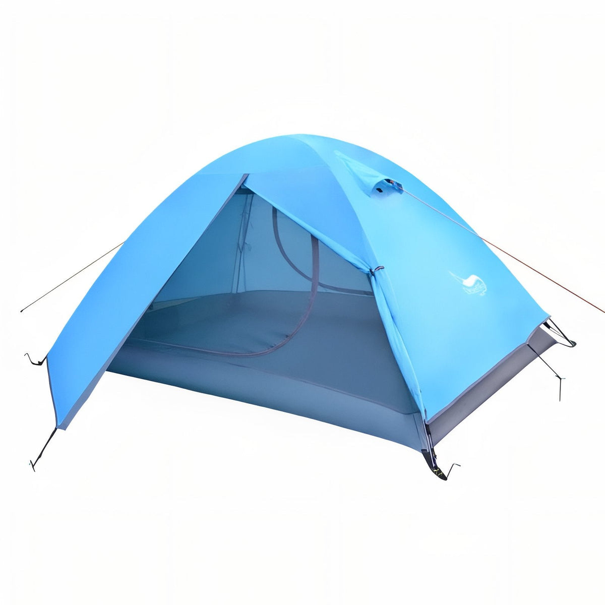 Sky blue two-person dome tent with a grey floor, the porch door open