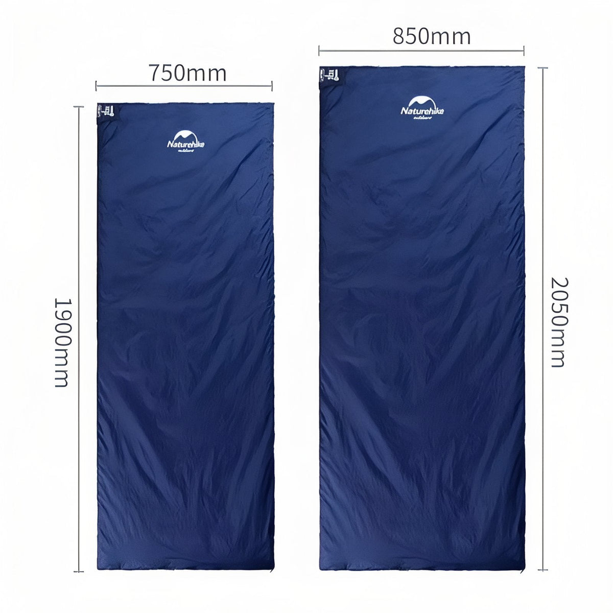 Diagram of the two navy sleeping bag sizes, 750 x 1900 mm and 850 x 2050 mm