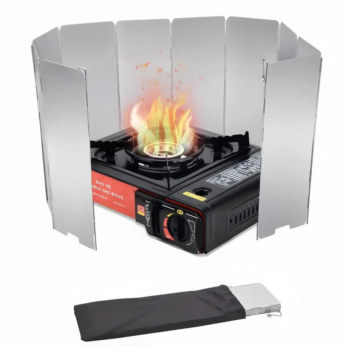 Aluminium windscreen curved round a lit portable gas stove, with the folded screen sliding into its bag