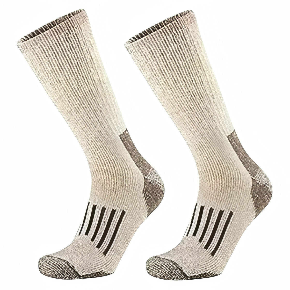 Pair of light beige merino hiking socks with a brown heel, toe and instep stripes