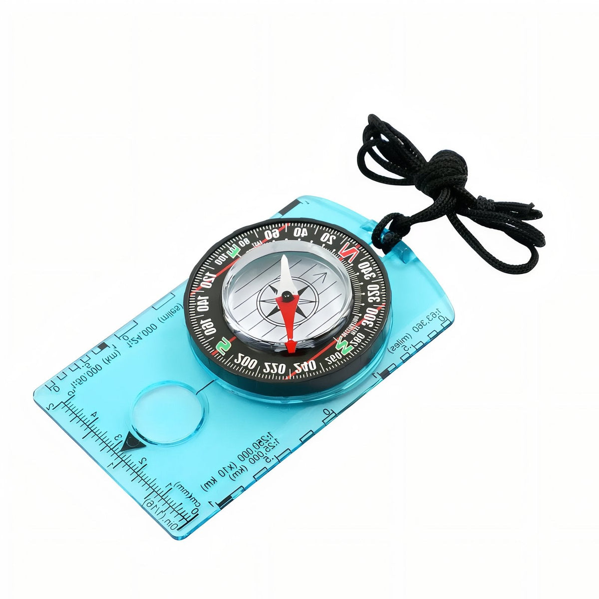Blue baseplate compass with magnifier and black lanyard