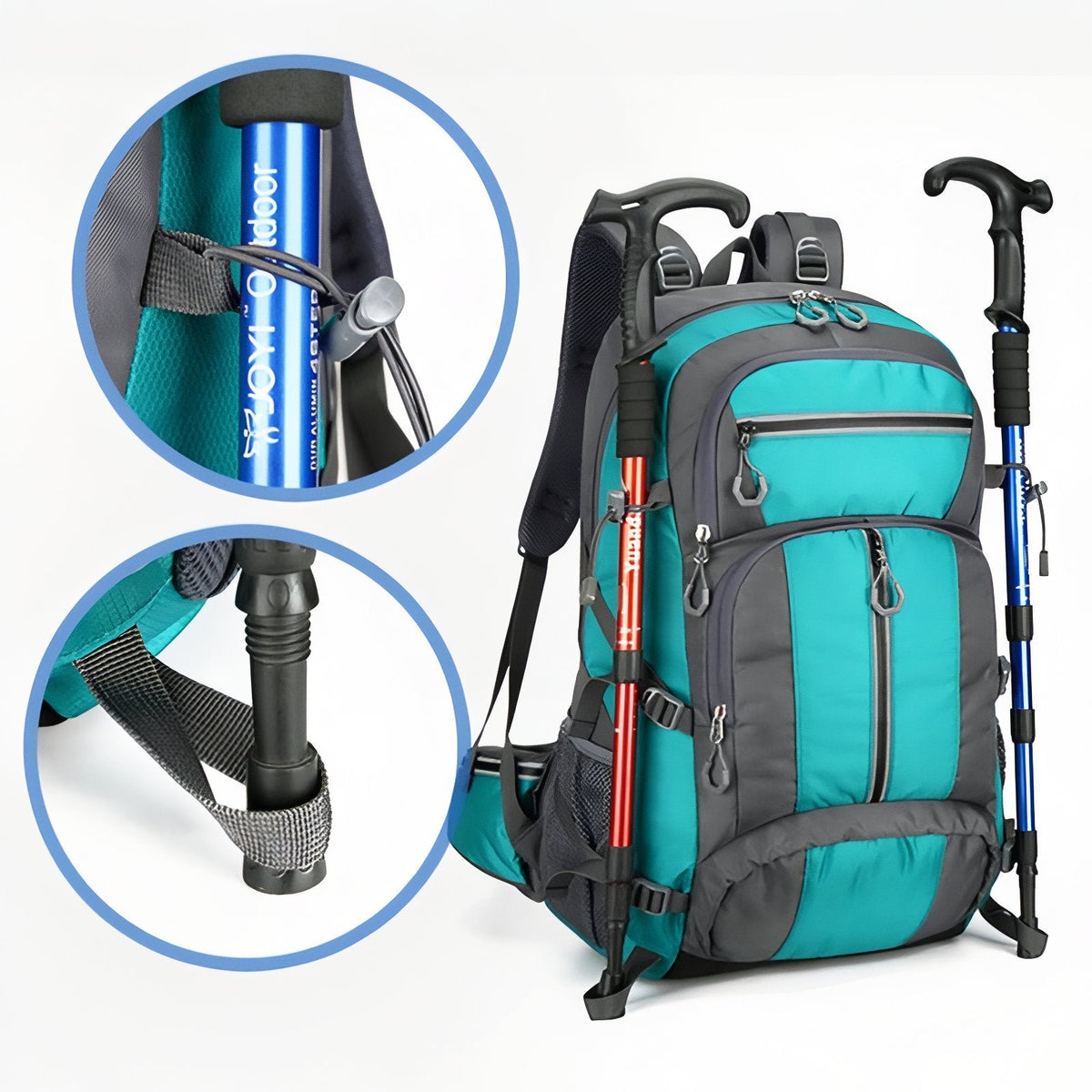 Turquoise backpack with trekking poles in its side holder, close-ups of the holder
