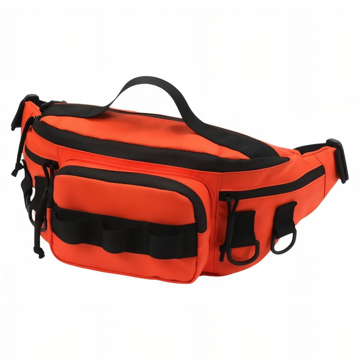 Orange hip pack with black trim, top grab handle and front gear loops
