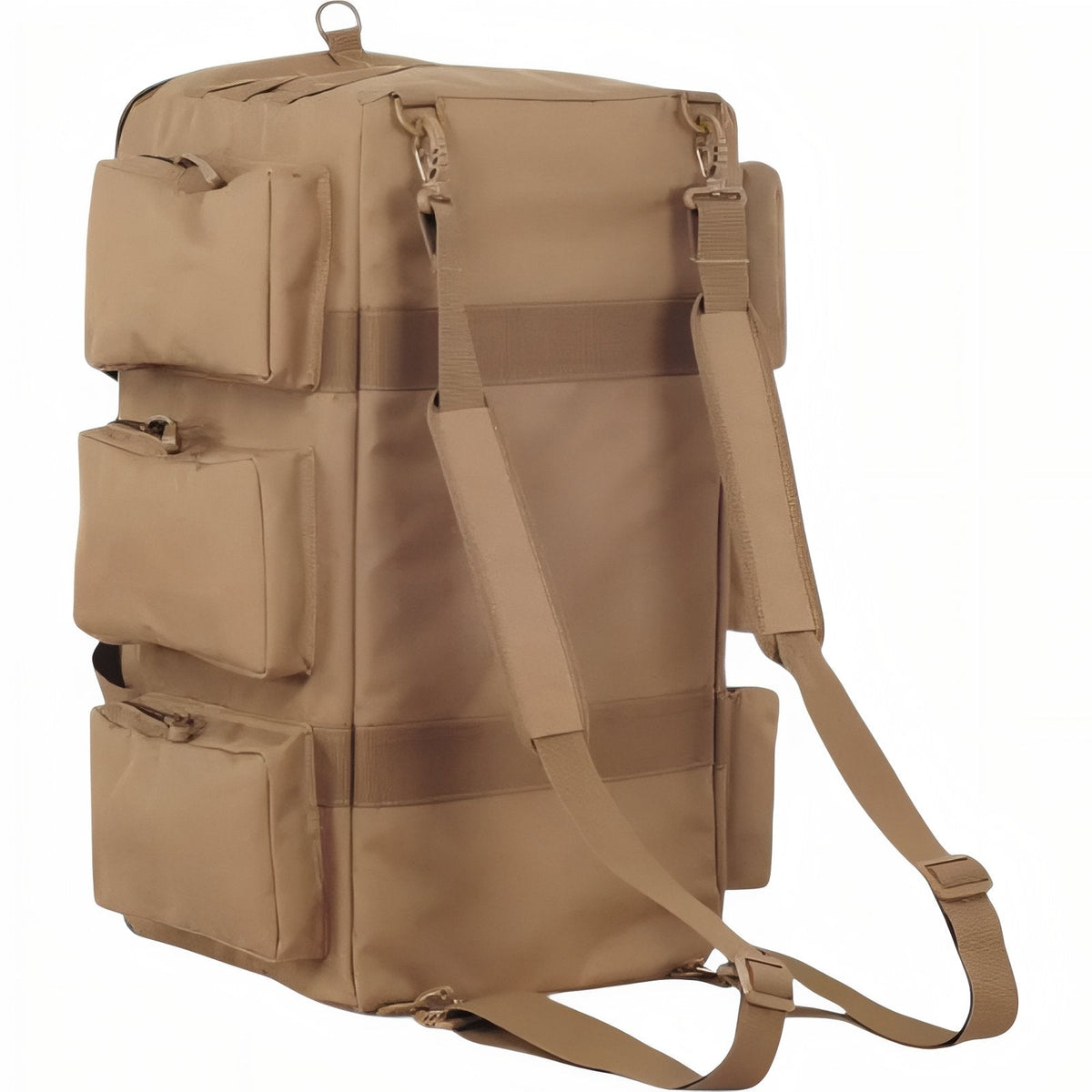 The coyote brown duffel stood on end with its backpack straps attached