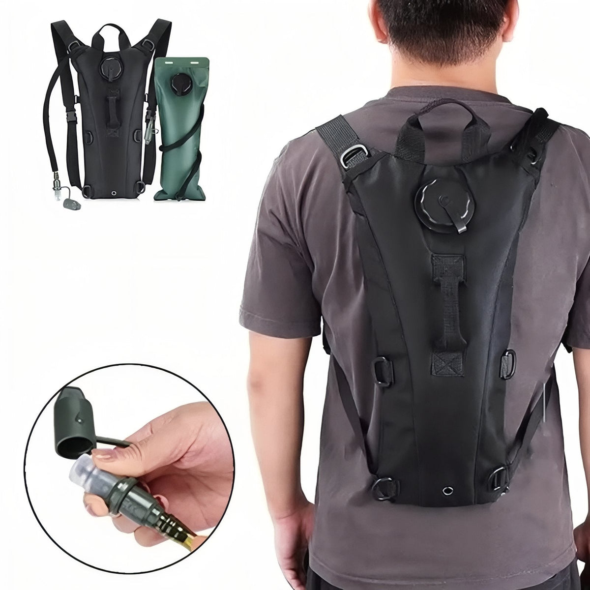 Man wearing the black hydration pack, with insets of the pack and the bite valve