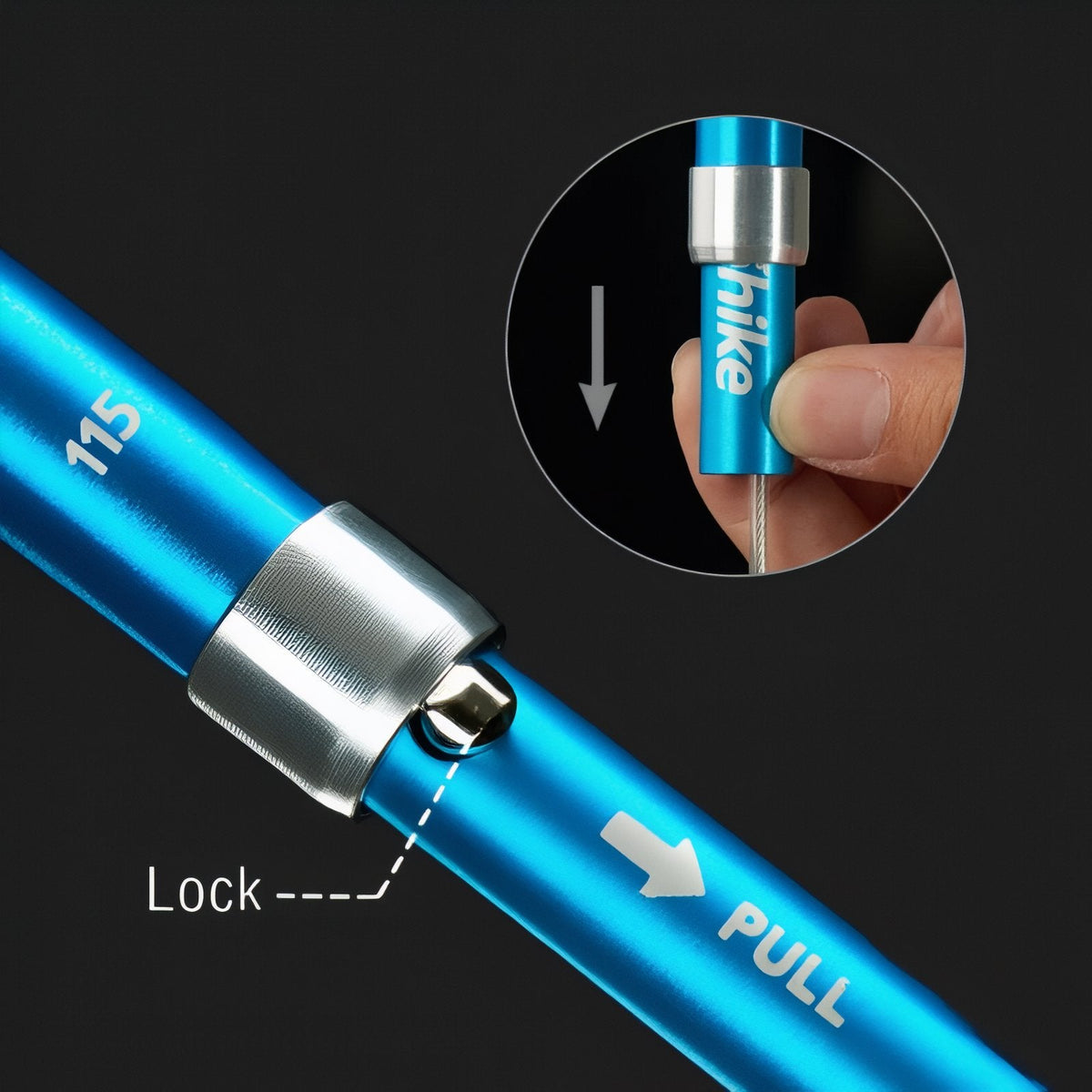 Close-up of the blue pole's quick-release lock, with an arrow showing the section pulled to lock it