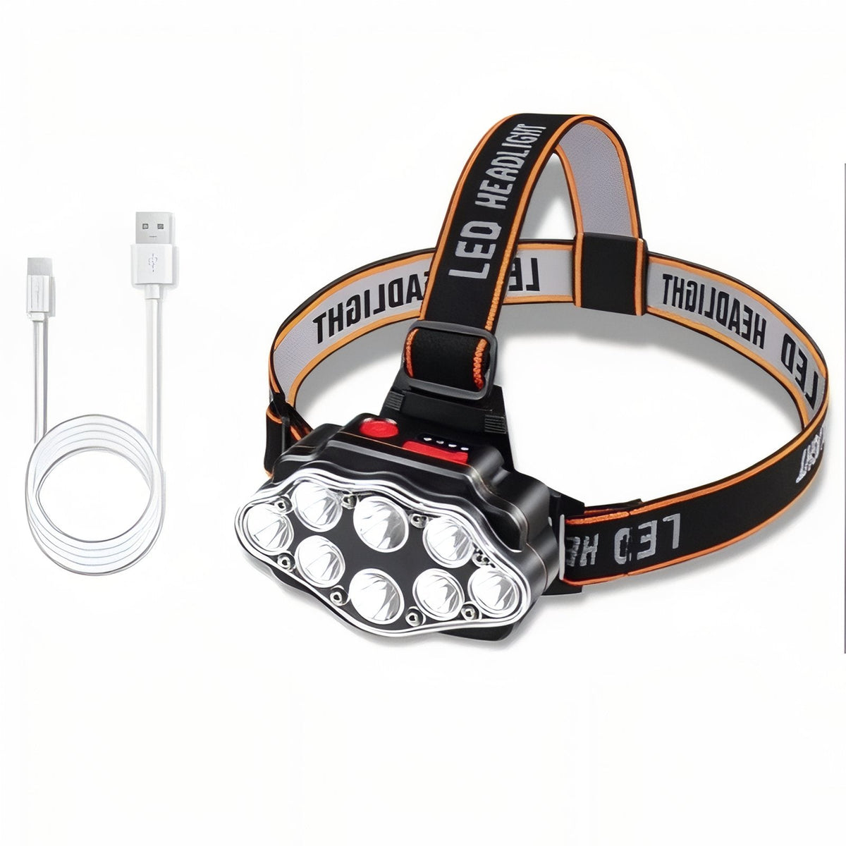 LED headlamp beside its white USB charging cable