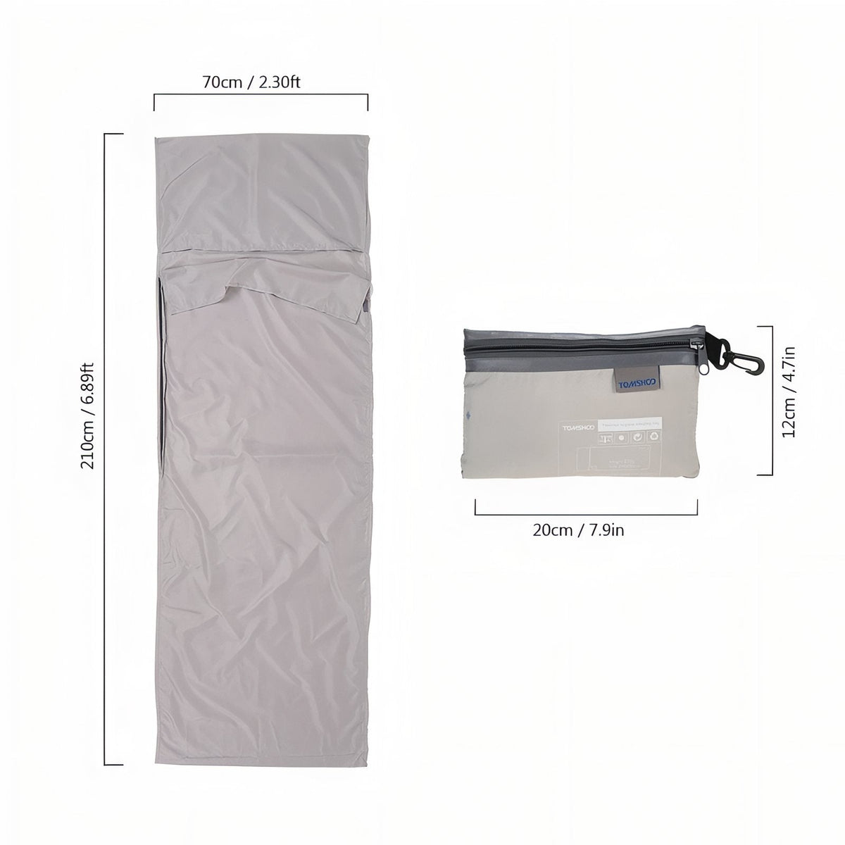 Light grey liner marked 210 cm long and 70 cm wide beside its pouch marked 20 x 12 cm