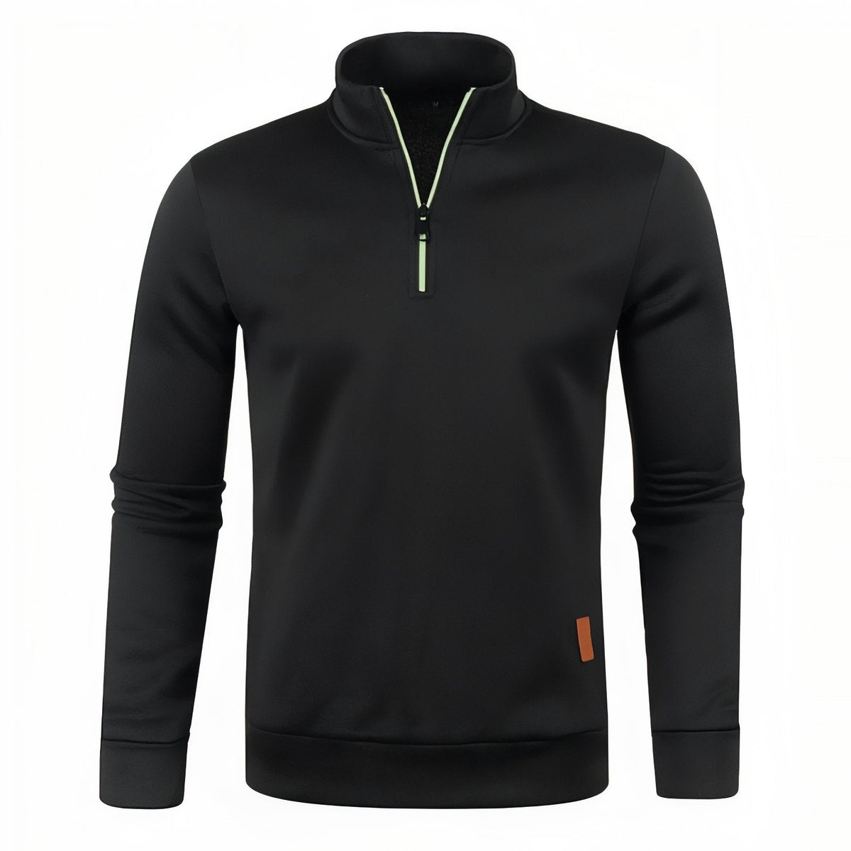 Black men's quarter-zip pullover laid flat, front view with the collar zipped