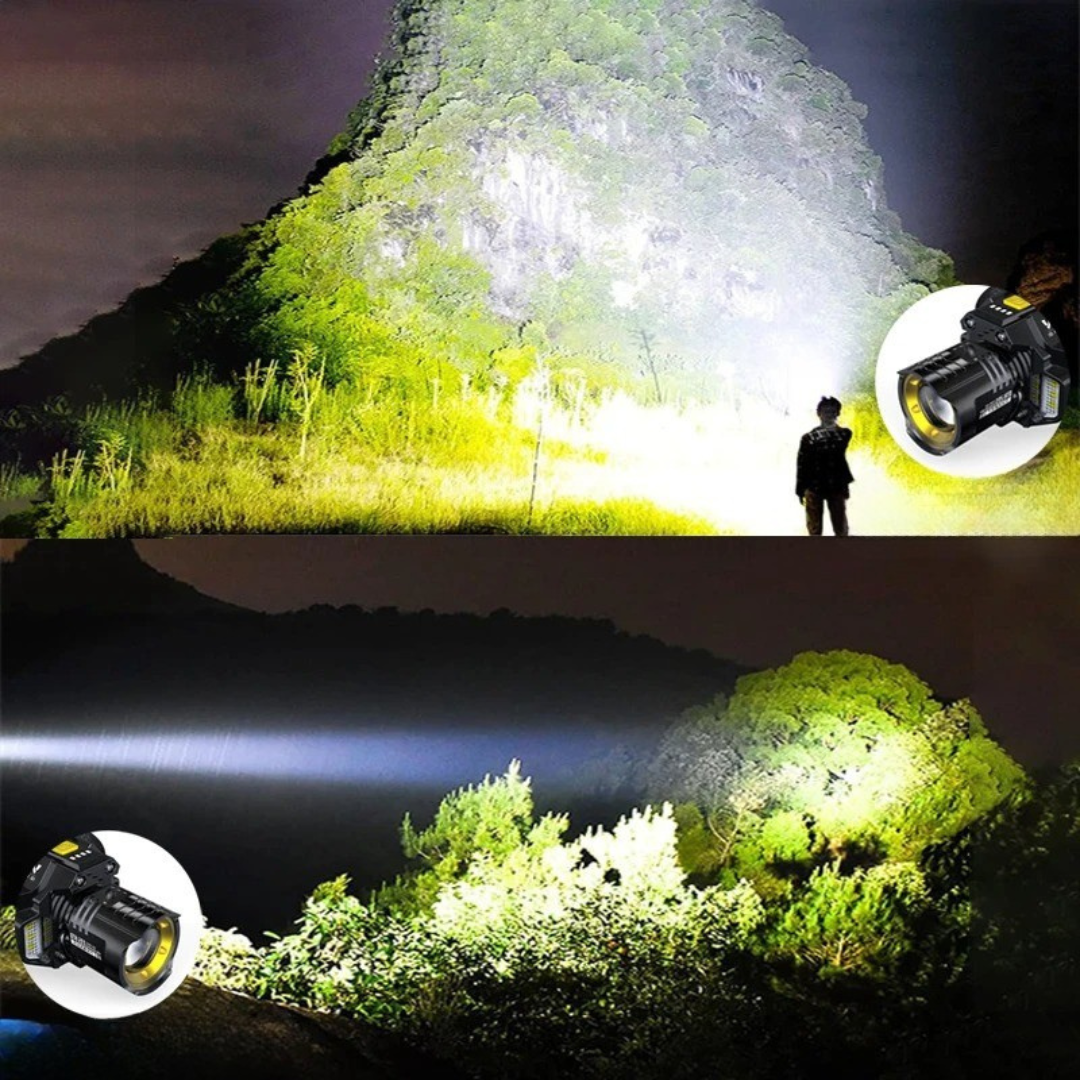 Night scene showing the headlamp's long beam lighting a hillside and a wide flood beam