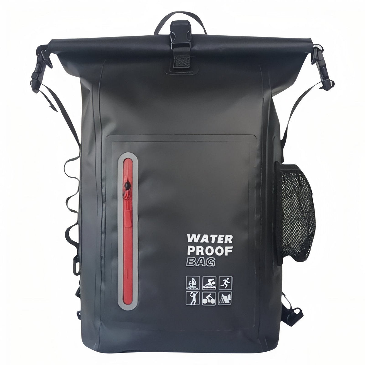 Black 30 L roll-top PVC backpack from the front with the red-lined vertical zip pocket