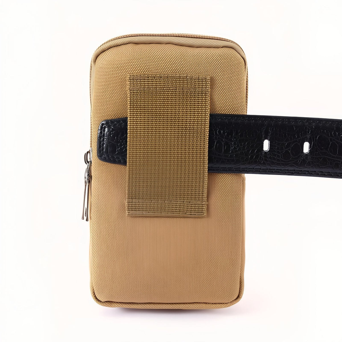 Back of the tan pouch showing the wide belt loop threaded on a black belt
