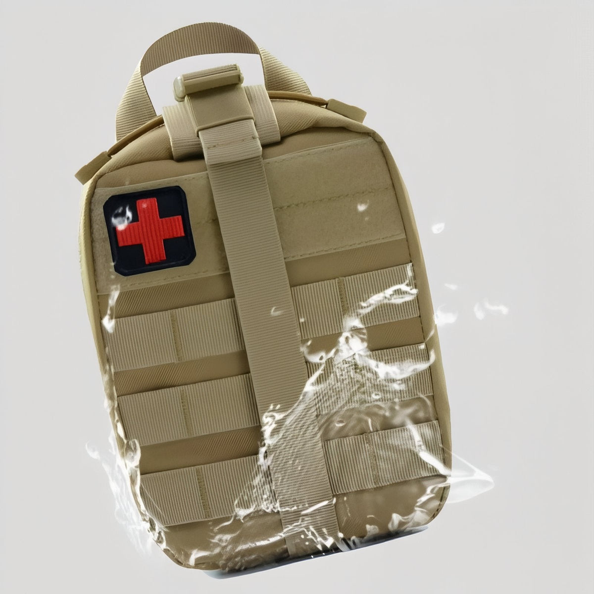 Khaki first aid pouch splashed with water