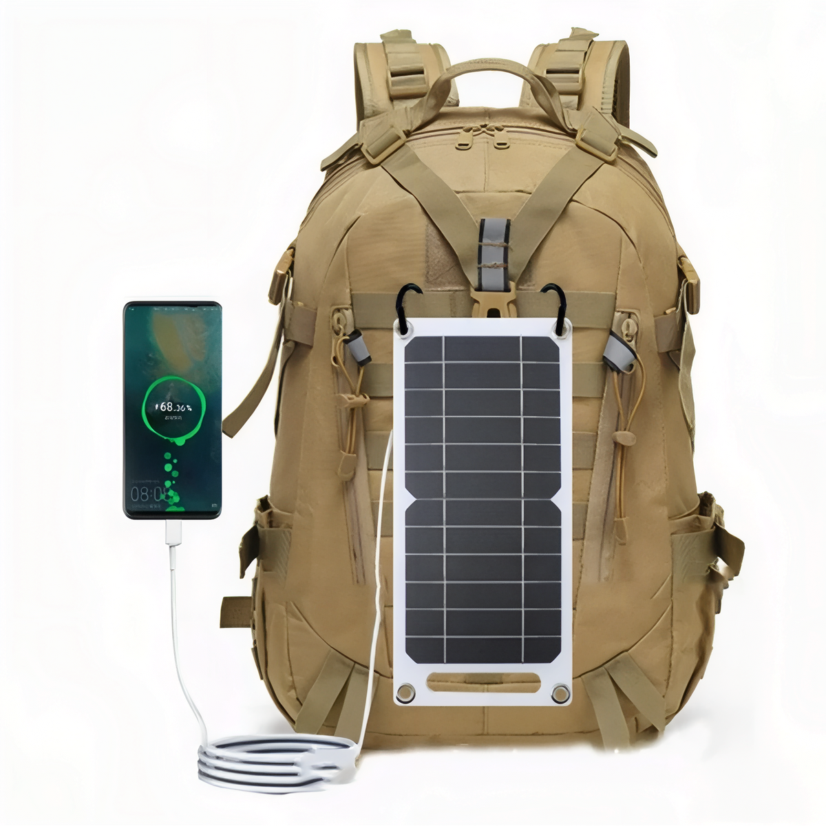Solar panel hanging on a tan backpack with a phone charging from its USB cable