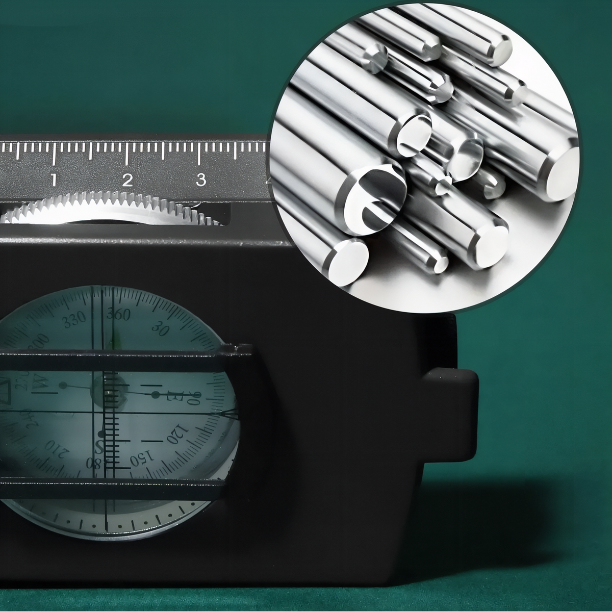 Close-up of the ruler scale on the compass cover