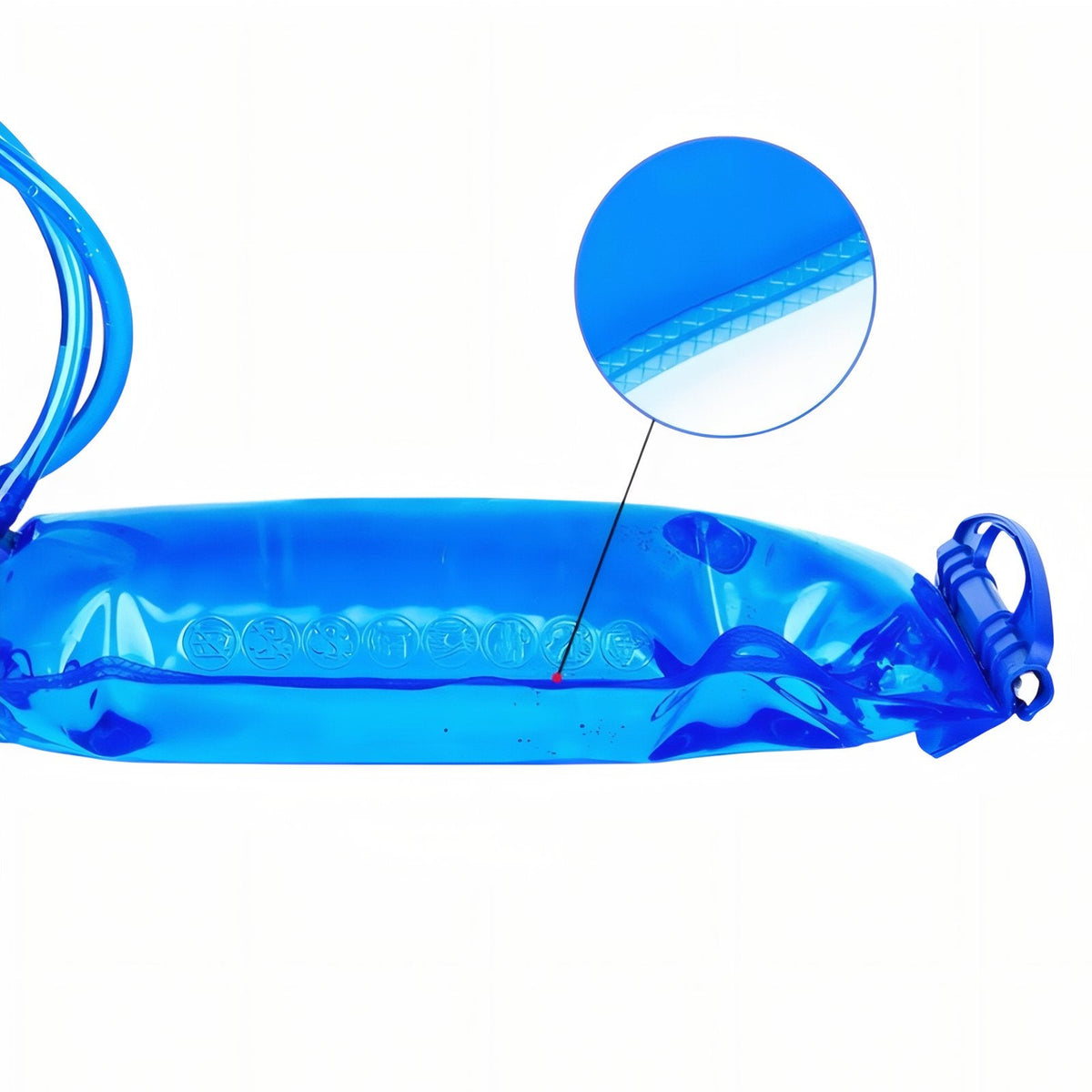 The filled bladder lying on its side with a close-up of the welded seam