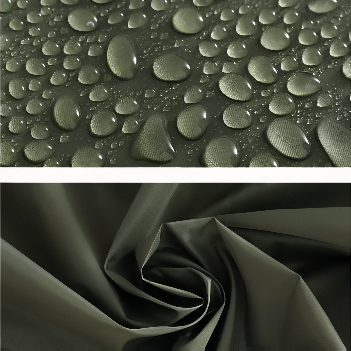 Water droplets beading on olive green poncho fabric, above a close-up of the folded fabric