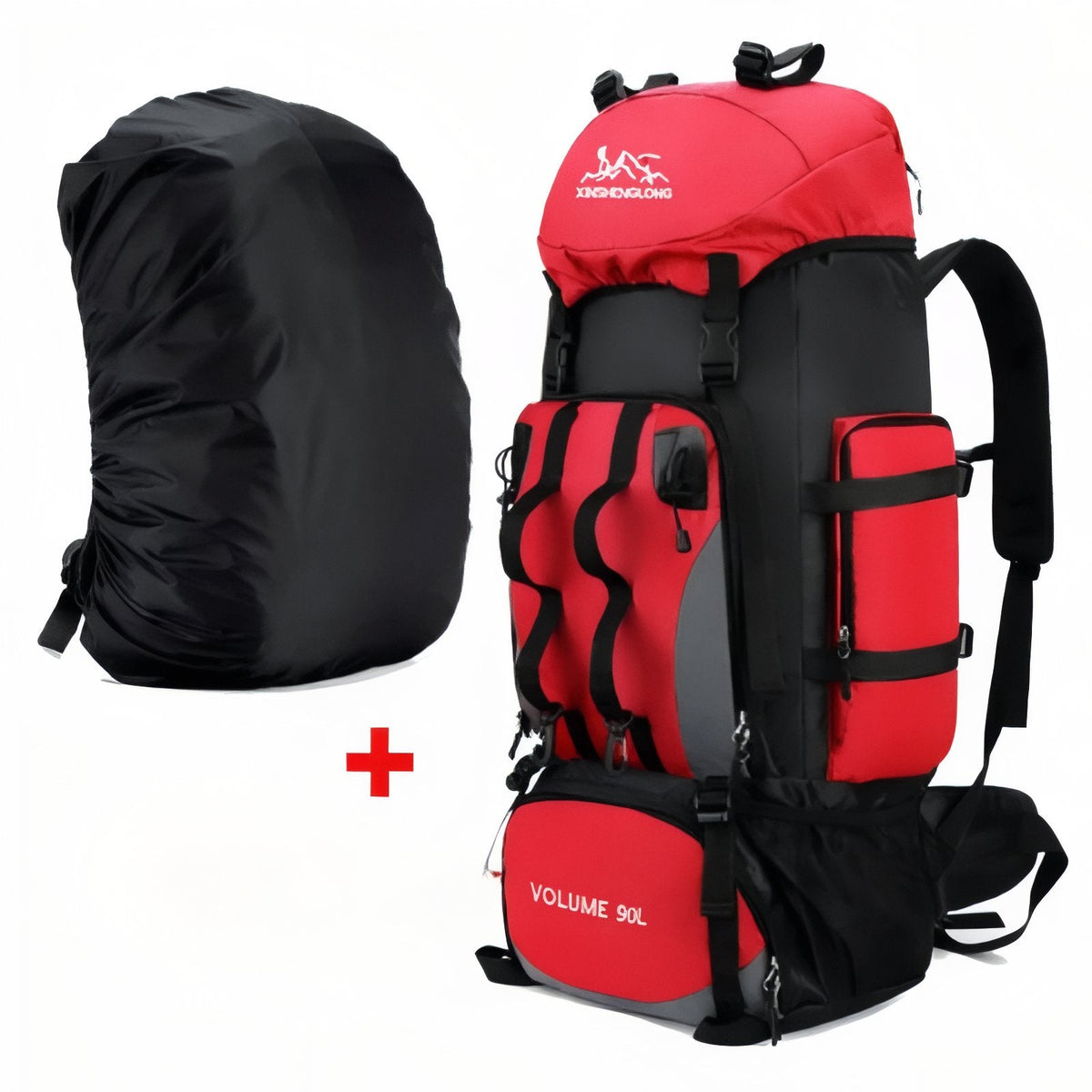 Red 90 L hiking backpack beside its black pull-over rain cover