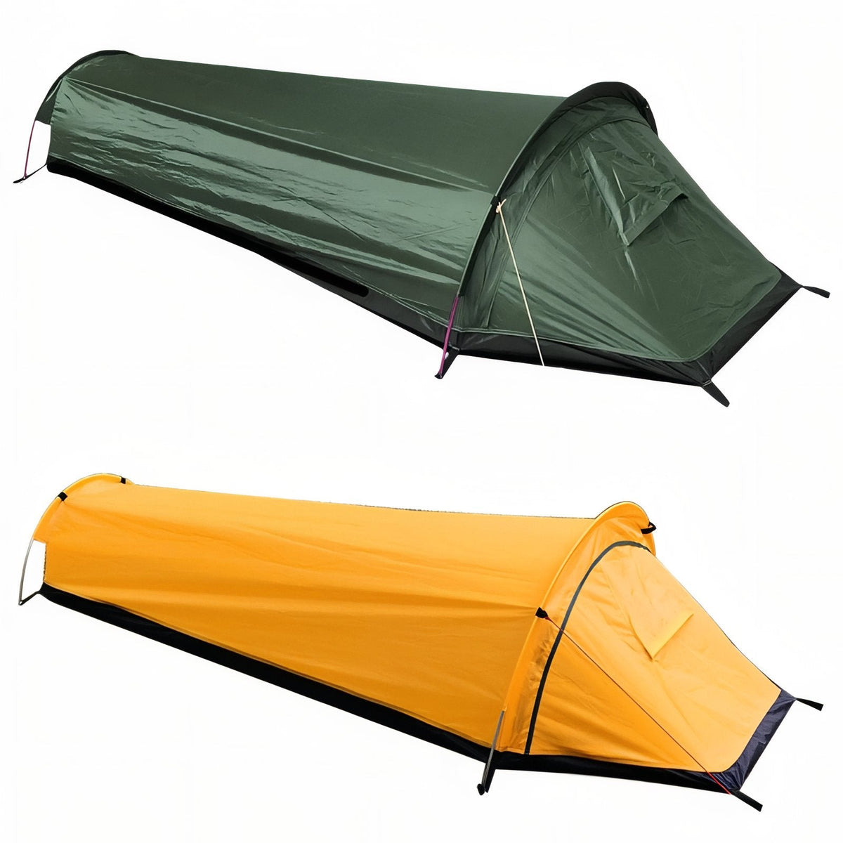 The bivy tent in dark green and in yellow with a black groundsheet edge