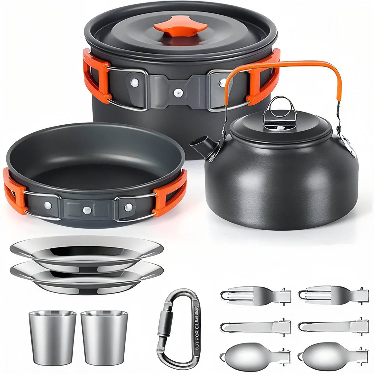 Camping cook set with orange handles: pot with lid, frying pan, kettle, two steel plates, two cups, folding cutlery and a carabiner
