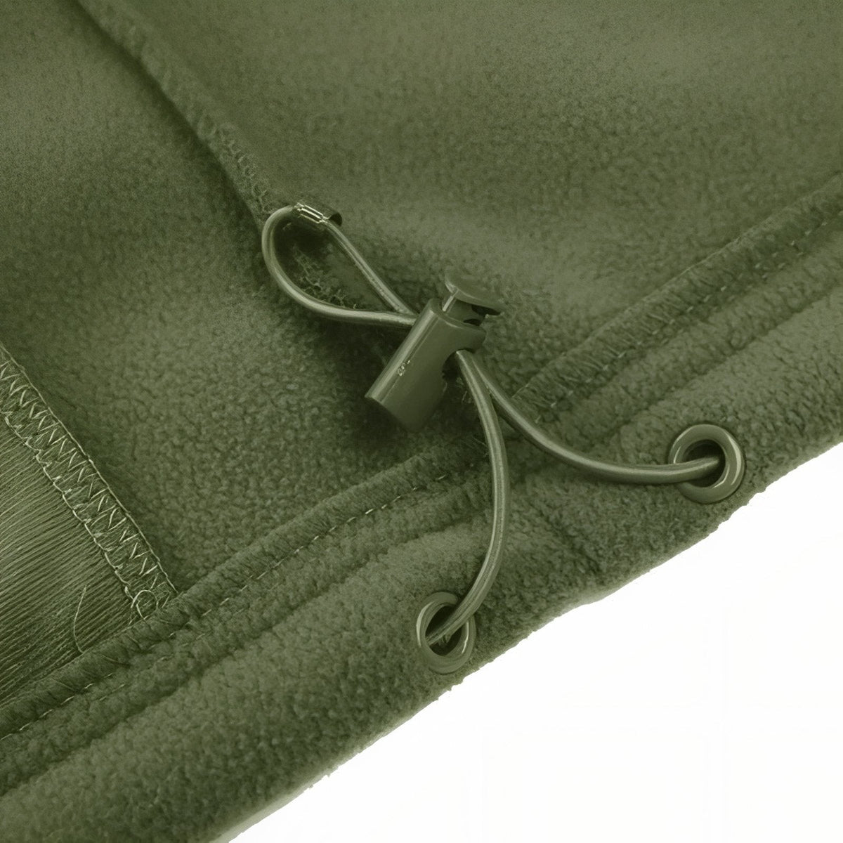 Close-up of the drawcord and toggle at the hem of the olive green fleece jacket