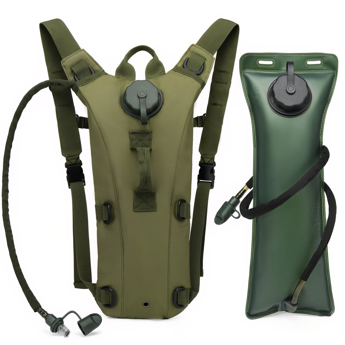 Olive green hydration pack with its drinking tube beside the green 3 litre water bladder