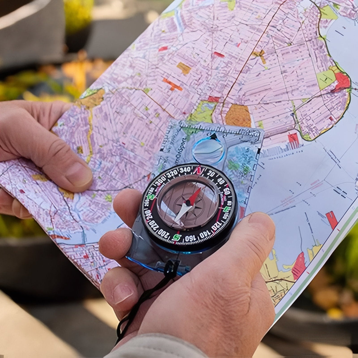 Hand holding the clear baseplate compass over a folded street map