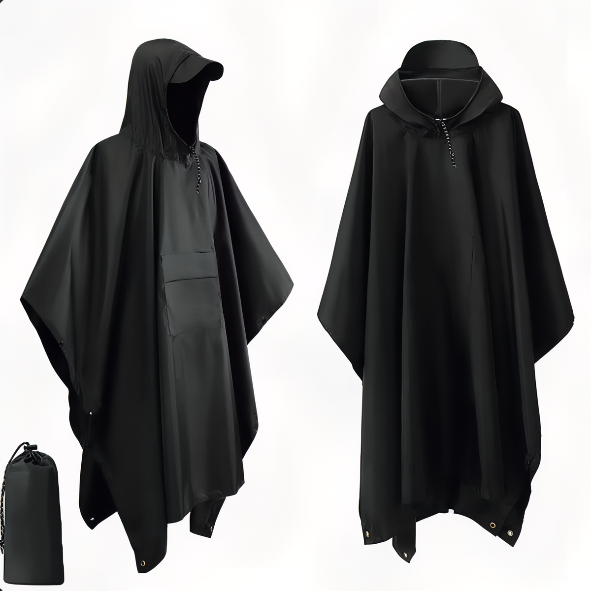 Black hooded poncho with a chest pocket, front and back views, with its black pack bag