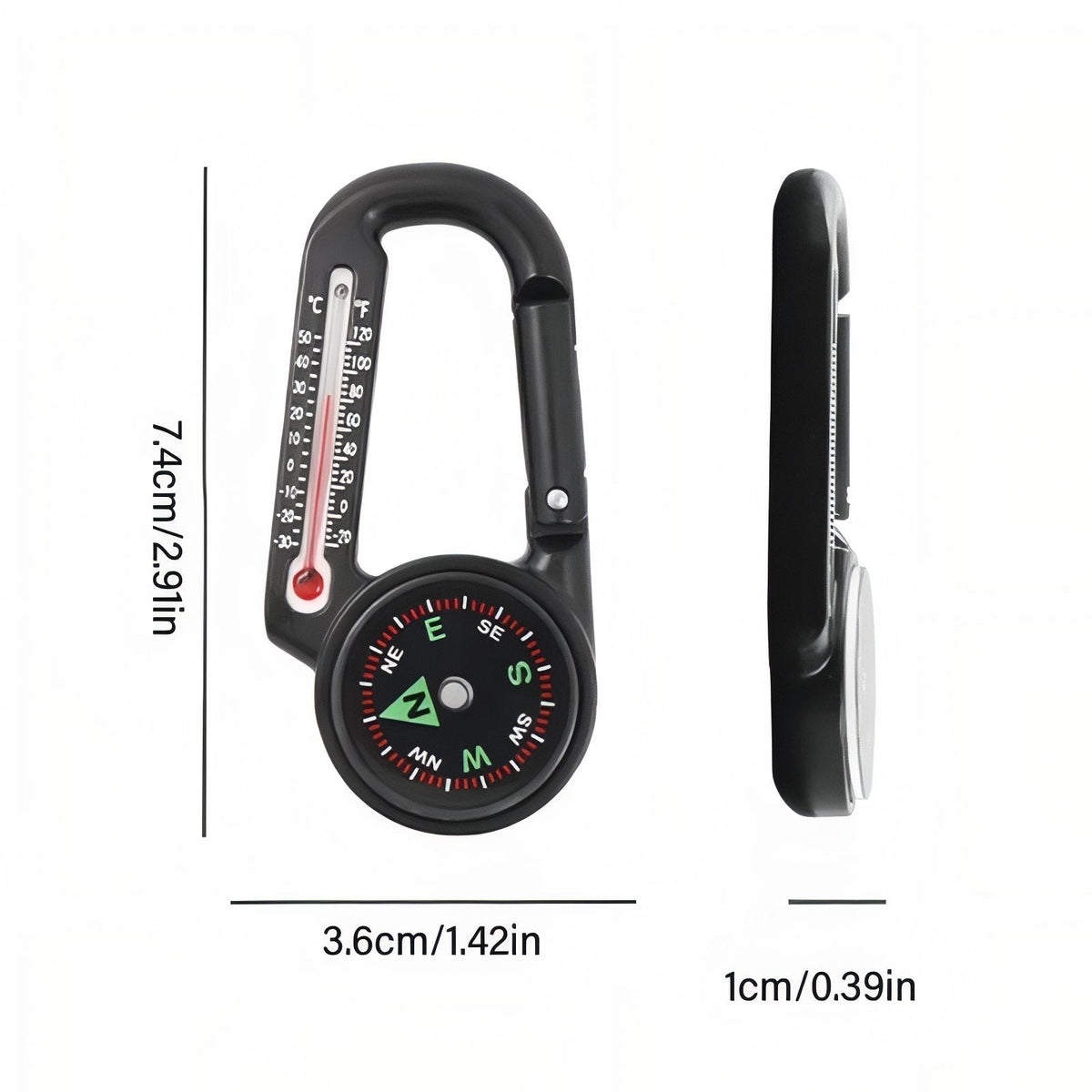 Compass carabiner marked 7.4 cm long, 3.6 cm wide and 1 cm thick