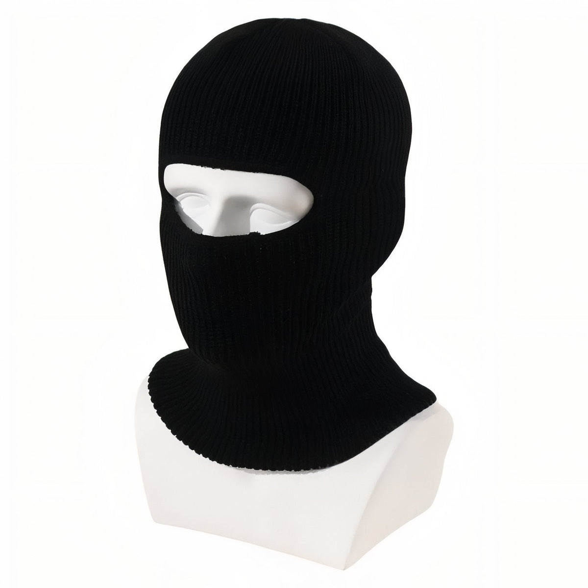 Black rib-knit winter balaclava on a white mannequin head