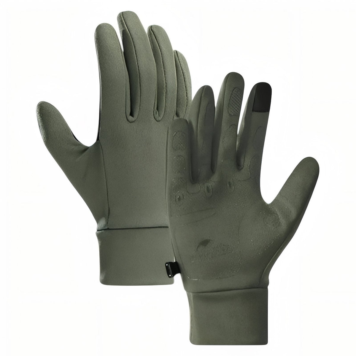 Pair of army green stretch hiking gloves, back and palm, with touchscreen tips on the thumb and index finger
