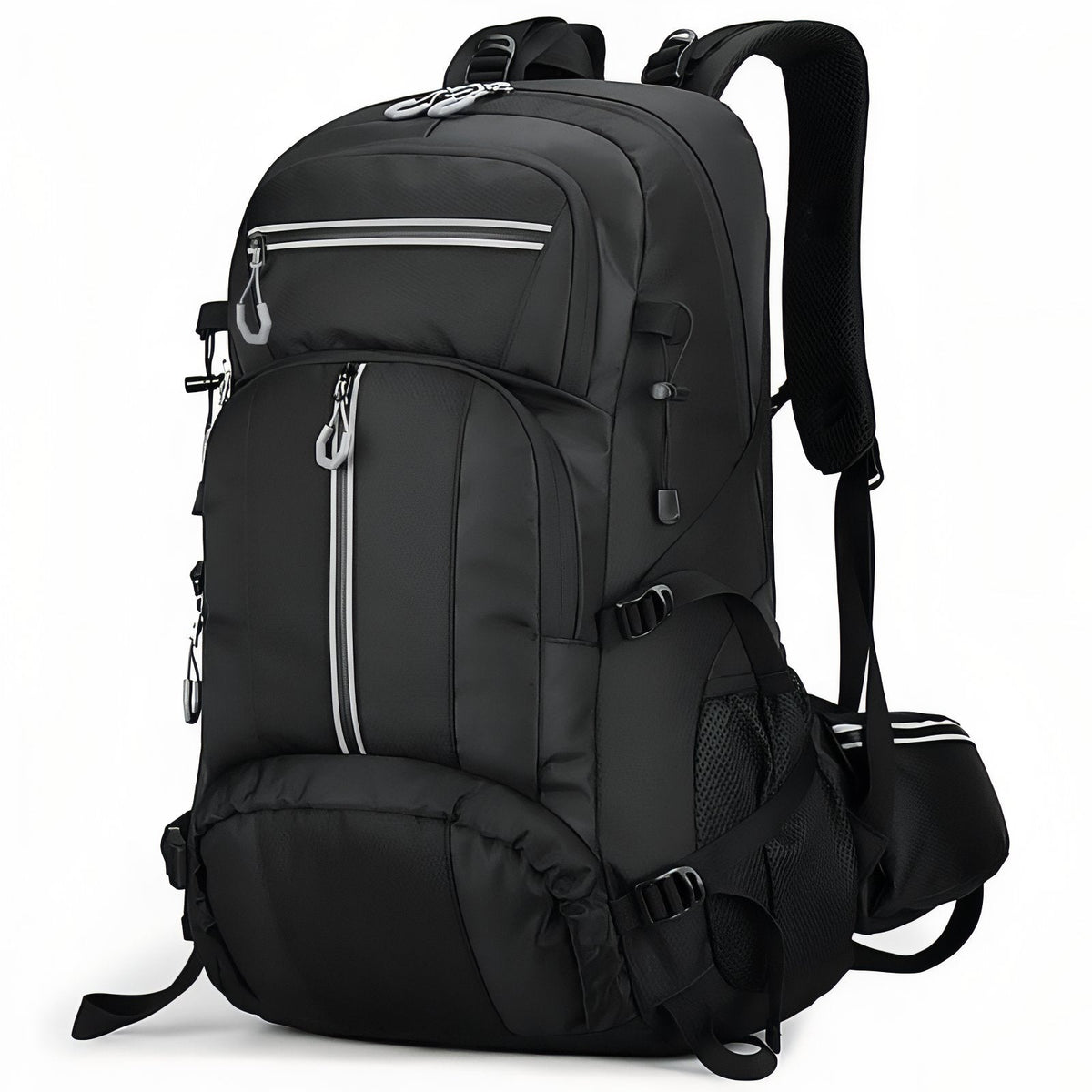 Black hiking backpack, front three-quarter view