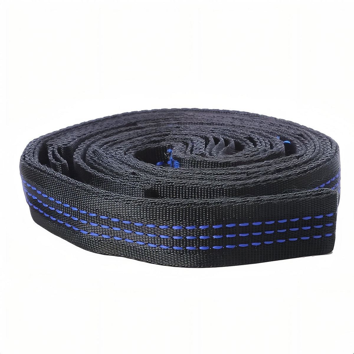 Coiled black hammock strap with blue stitching on the loops