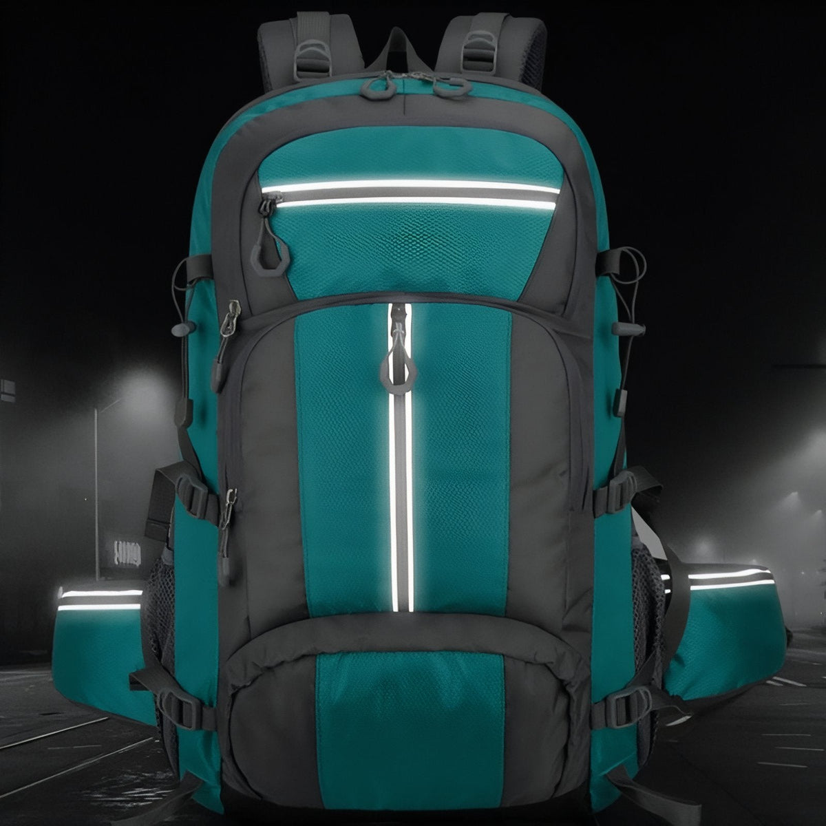 Turquoise backpack at night, its reflective strips lit up