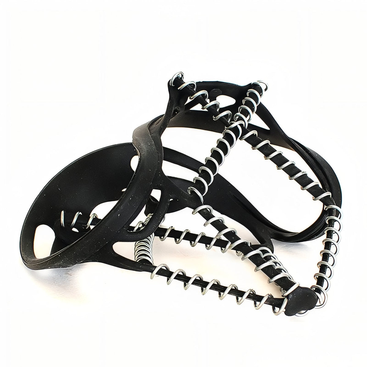 The ice grip on its own: a black stretch frame with steel coils wound round its cords