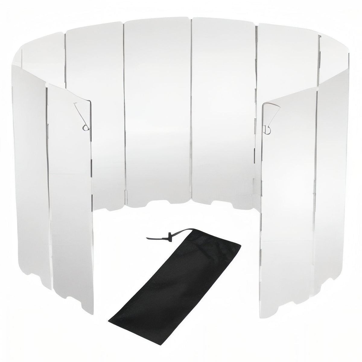 Folding aluminium stove windscreen standing in a curve, with its black drawstring bag in front