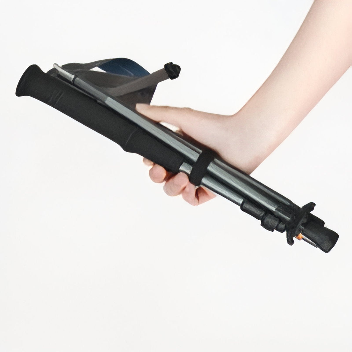 The folded pole with its strap, held in a hand