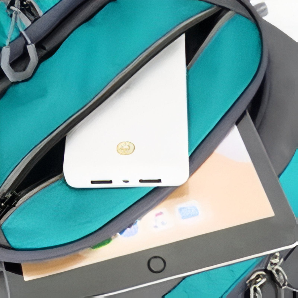 Front zip pocket opened with a power bank and tablet inside