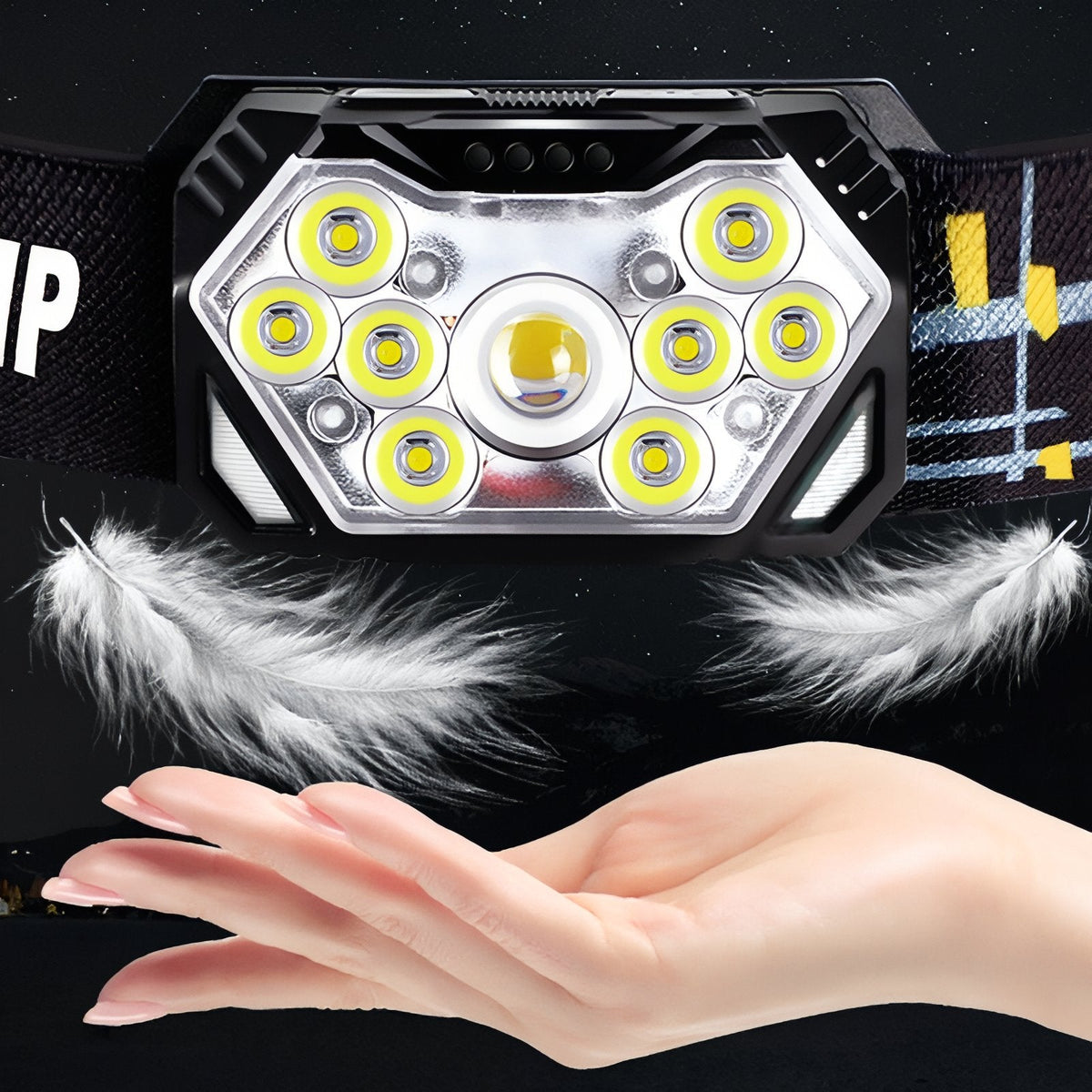Front of the headlamp showing the nine LEDs above an open hand