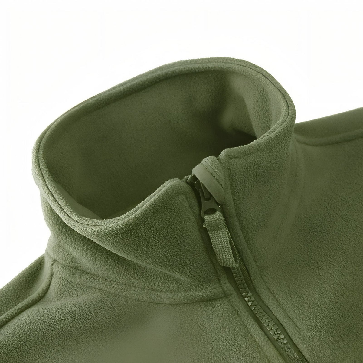 Close-up of the olive green fleece stand collar with the zip pull tucked behind a chin guard