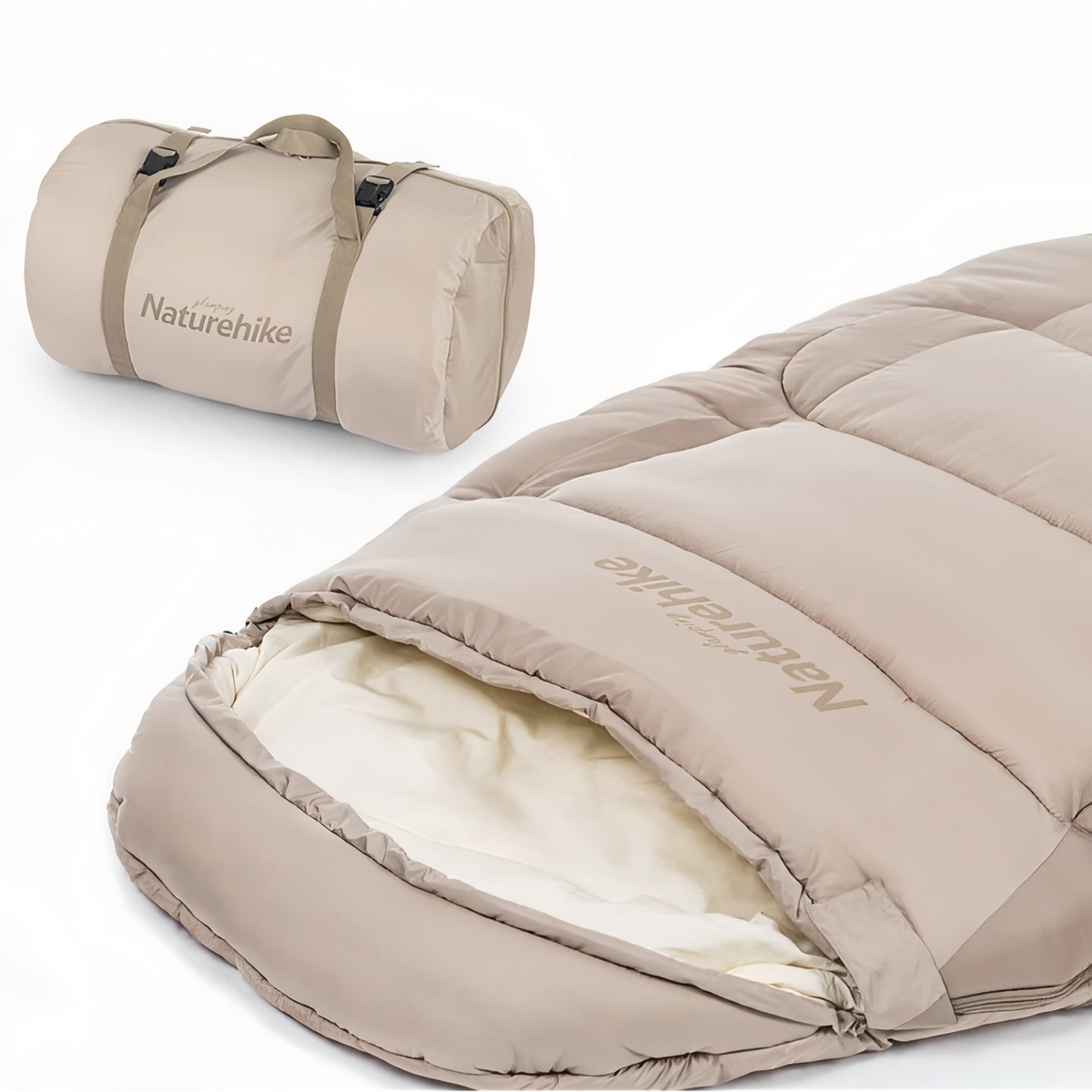 The beige storage bag with two carry handles beside the open hood of the light beige sleeping bag and its cream lining