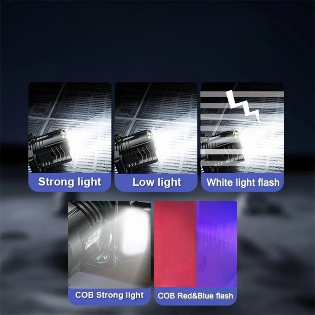 The five light modes: strong, low, white flash, COB strong and COB red and blue flash