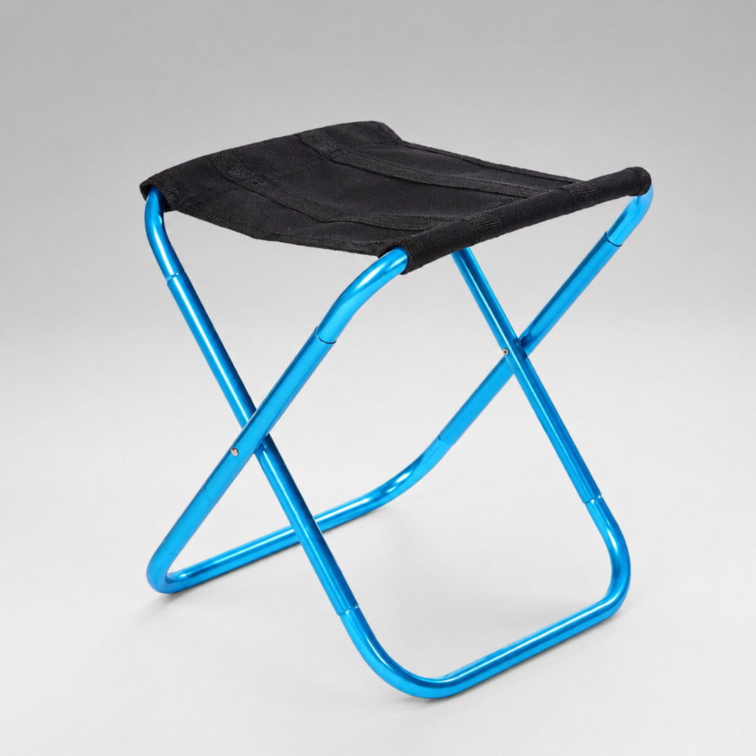 A folding stool with a bright blue aluminium frame and a black canvas seat, standing on a plain grey background.