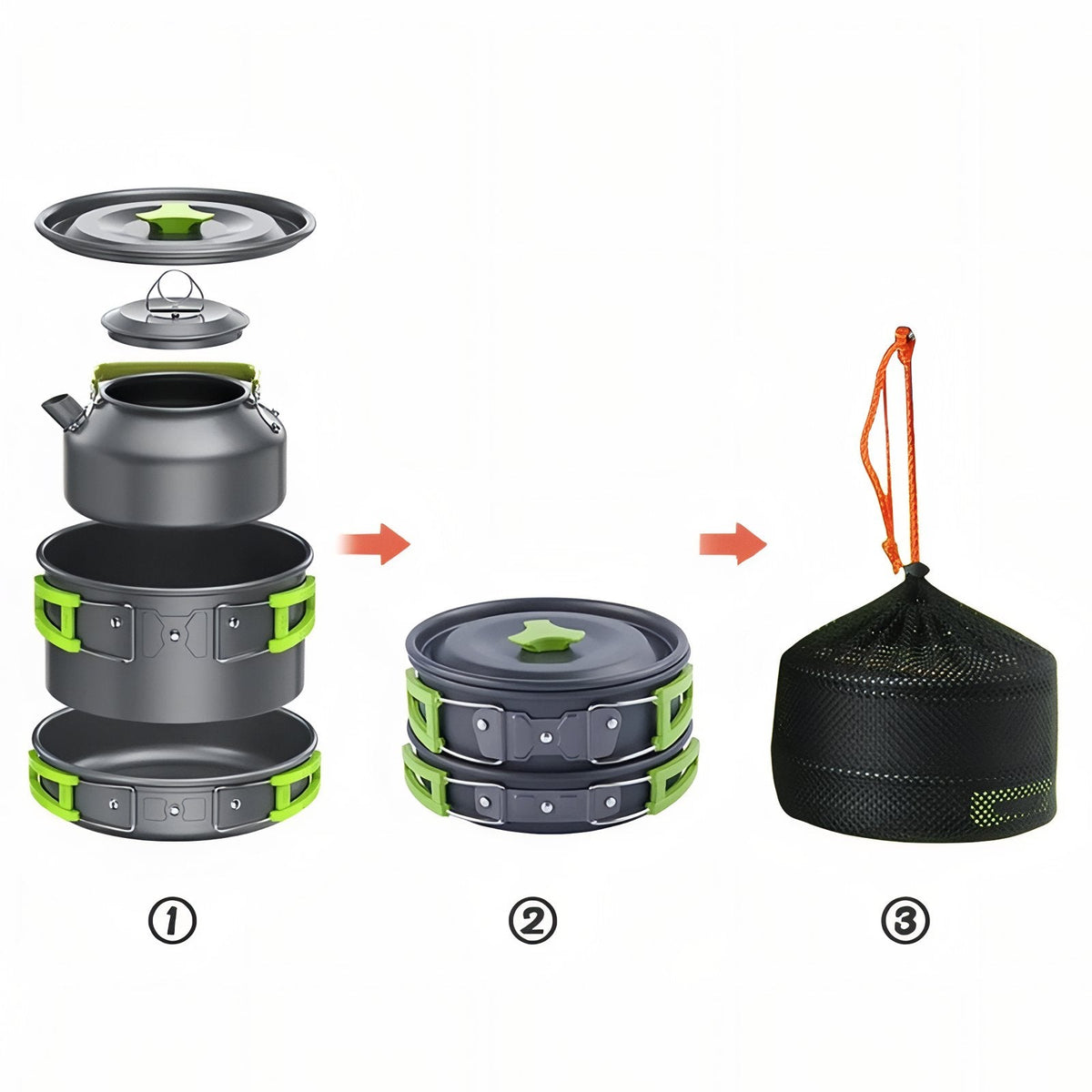 How the set nests: kettle and pan inside the pot, then packed into the mesh bag