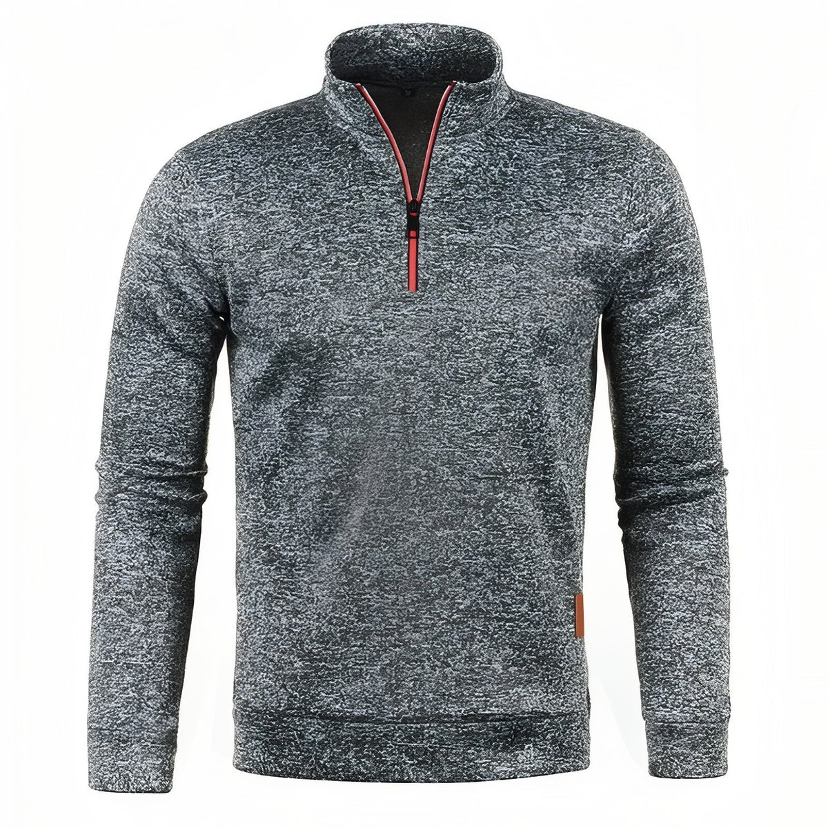 Dark grey heathered men's quarter-zip pullover with red zip piping, front view