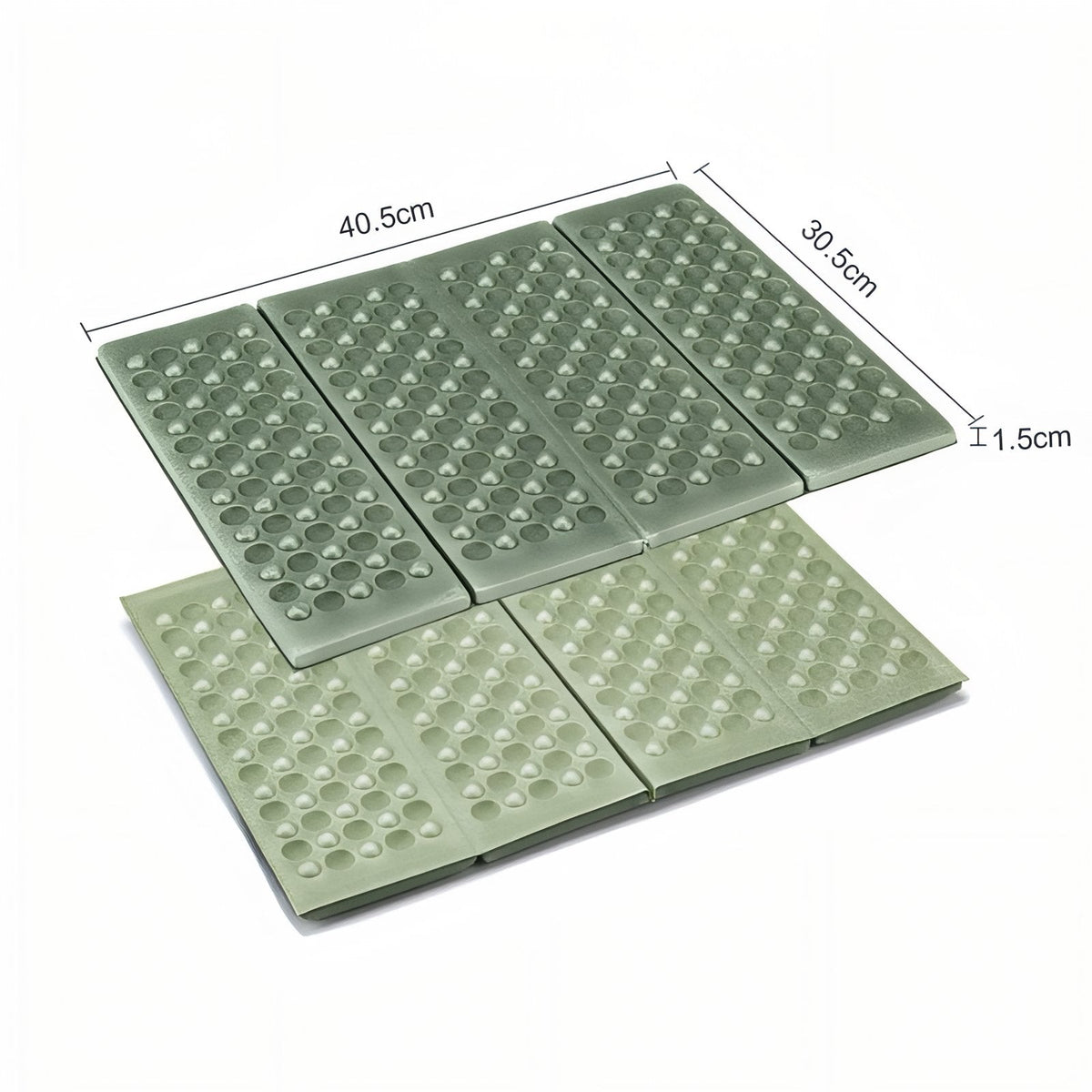 The green sit pad with its size marked, 40.5 cm by 30.5 cm and 1.5 cm thick, above a second pad lying flat