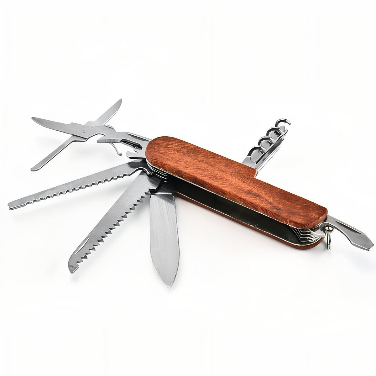 The wooden multitool from the other side with the scissors, saw blades, blade and corkscrew folded out