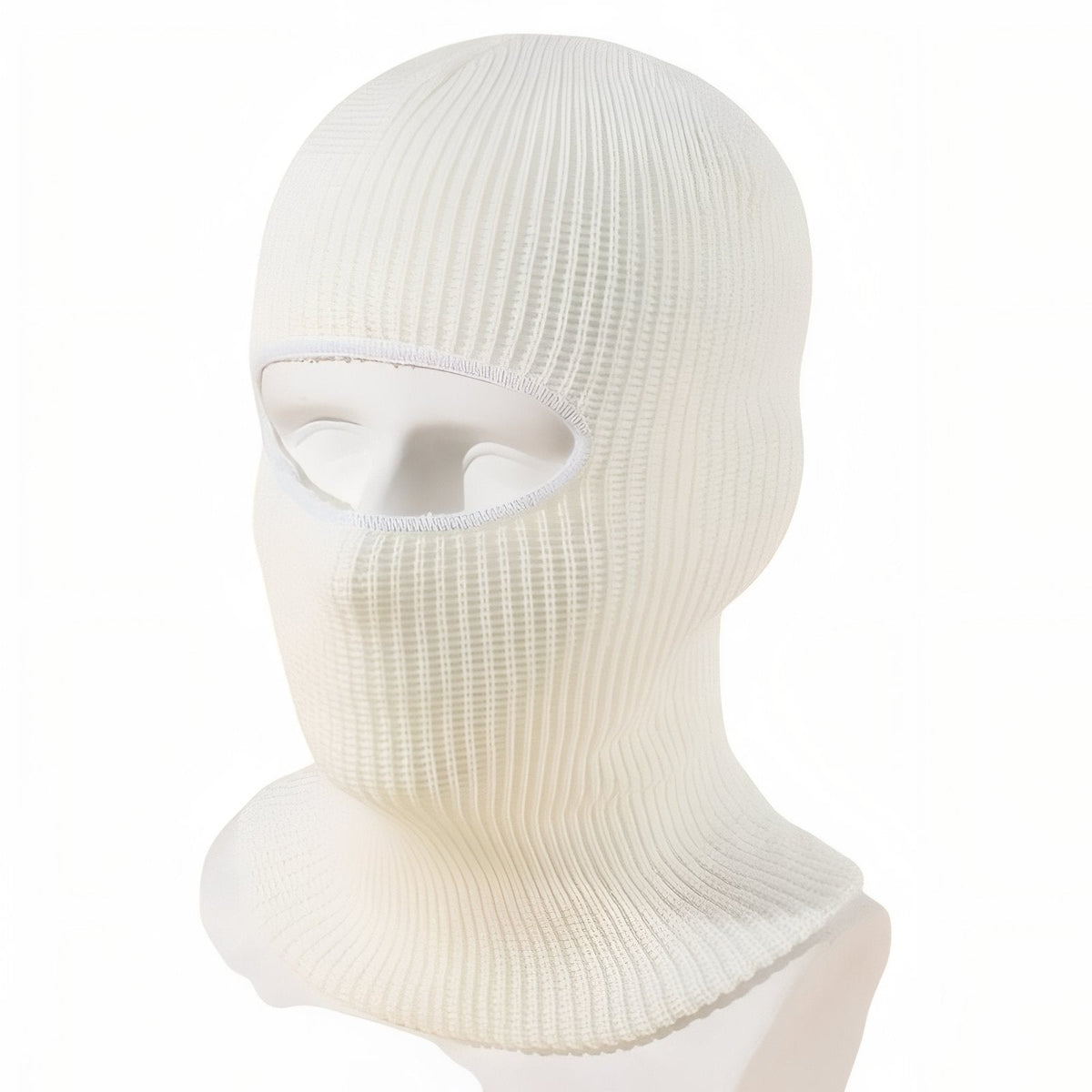 Cream white rib-knit winter balaclava on a white mannequin head