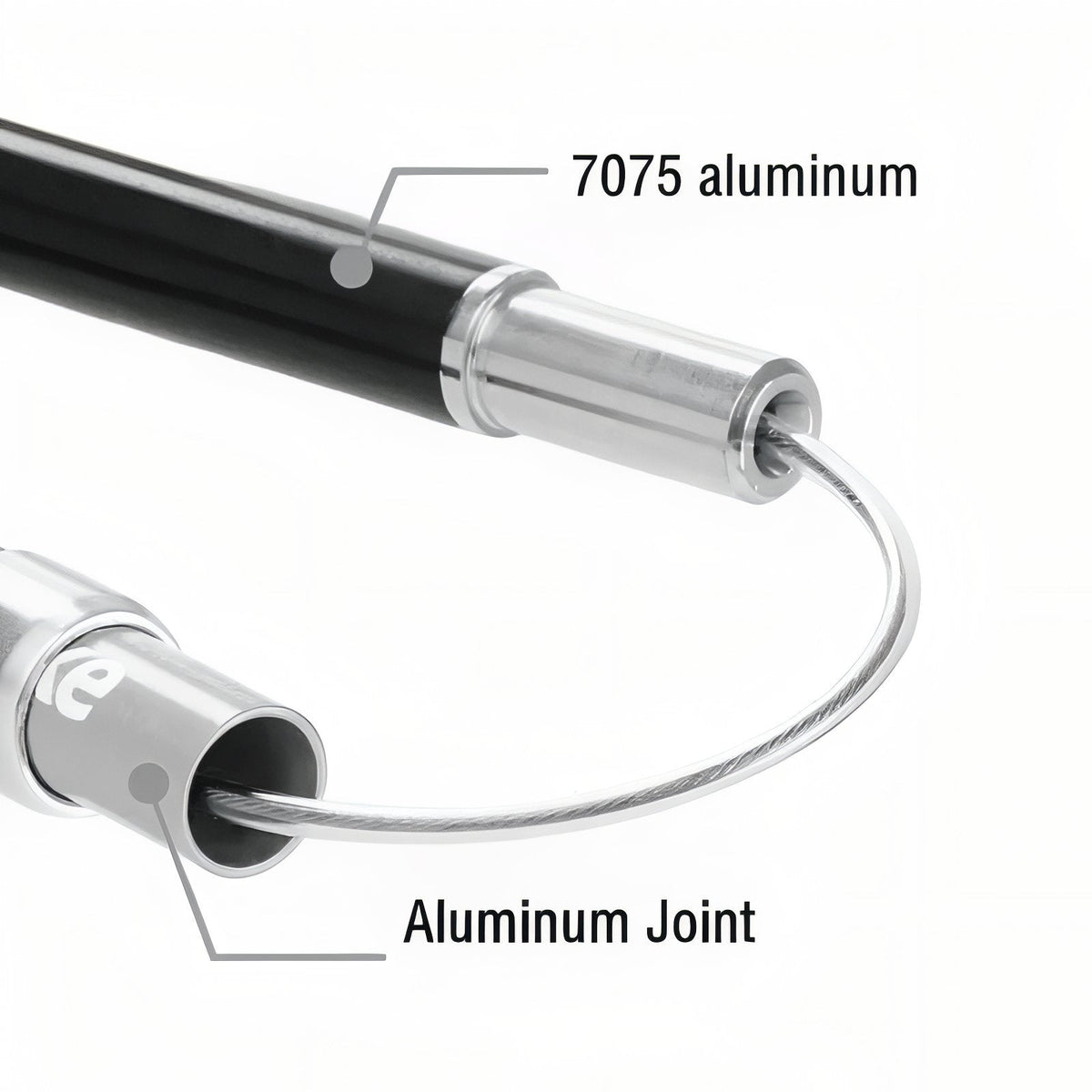 Close-up of a folding joint of the aluminium pole with the inner cord that links the sections, labelled 7075 aluminum