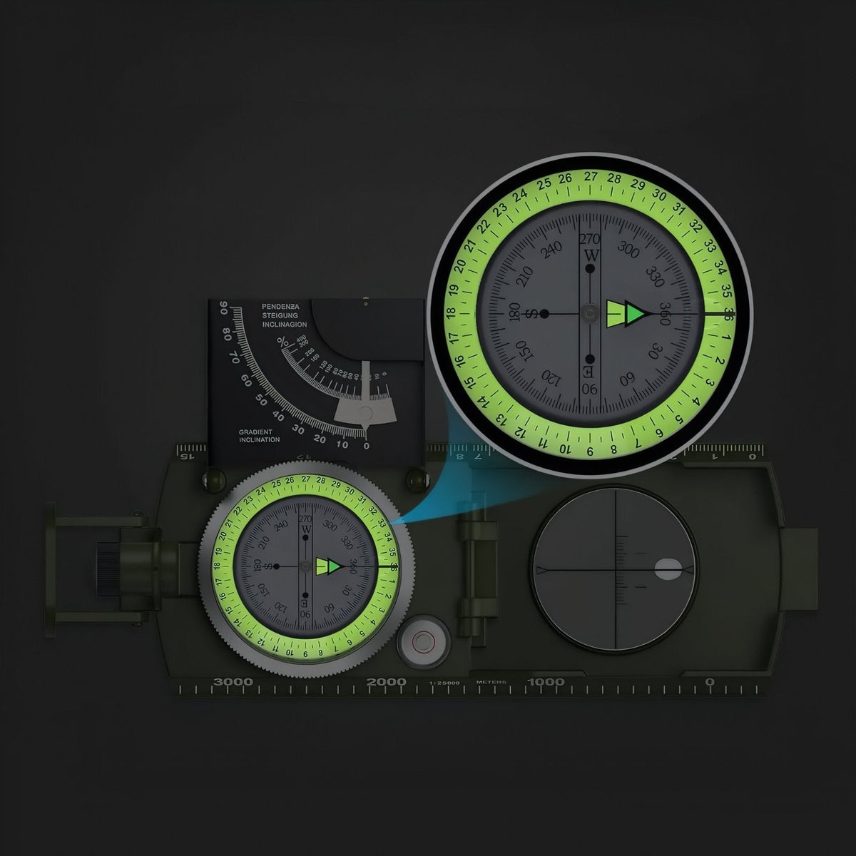 Sighting compass on a dark background with an enlarged inset of its green luminous dial and needle